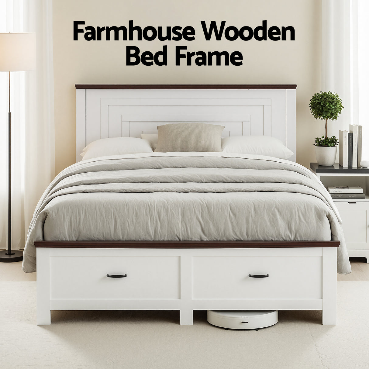 Belmont Queen Wooden Bed with Drawers, White, view 4