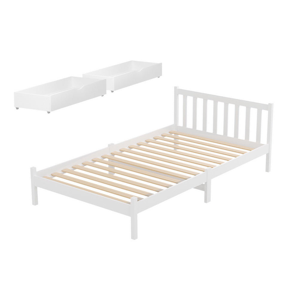 Artiss king single white pine platform bed frame with 2 storage drawers — full view — Allure Home Collections
