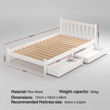 Artiss king single white storage bed frame showing 2 drawers open — Allure Home Collections
