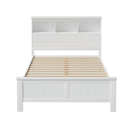 Artiss Bed Frame Double Size Wooden with 3 Shelves Bed Head White