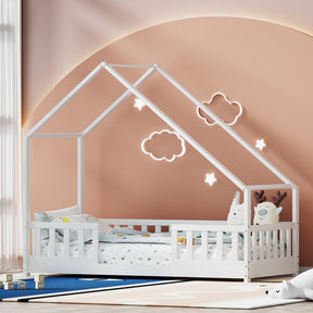 Kids house single bed frame in white