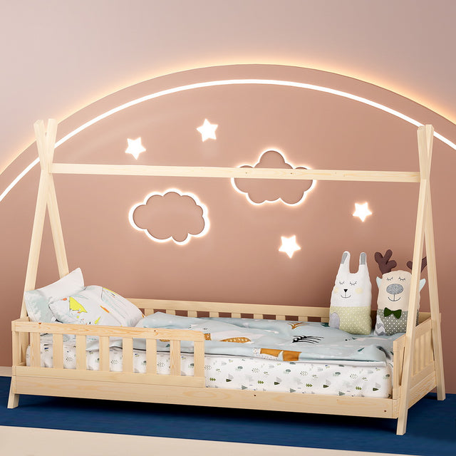 Artiss PUAH Kids House Bed Frame — Oak Solid Pine with Plywood Slats — Allure Home Collections