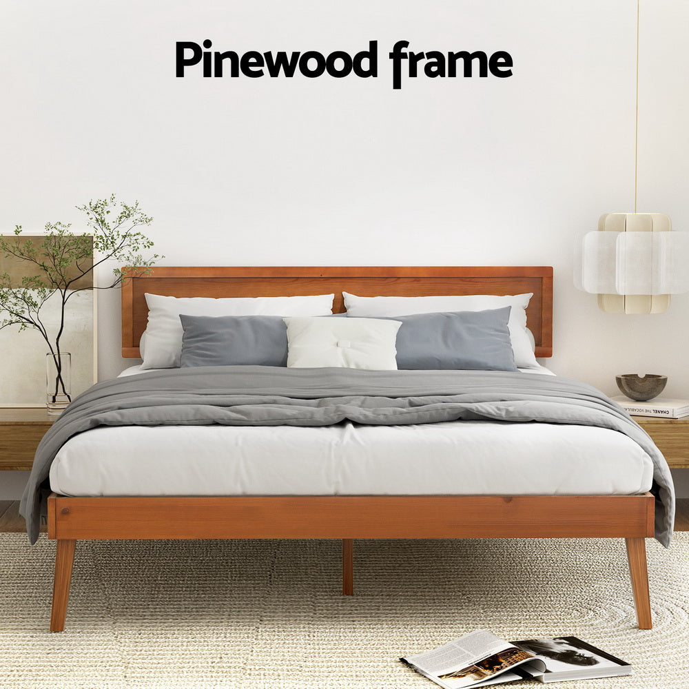 Artiss SPLAY walnut queen bed frame styled in bedroom — Allure Home Collections