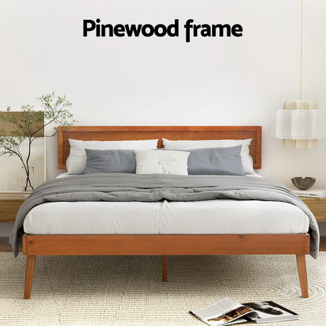 Artiss SPLAY walnut queen bed frame styled in bedroom — Allure Home Collections