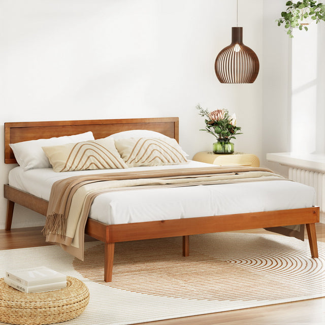 Artiss SPLAY queen bed frame in walnut pinewood — full front view — Allure Home Collections
