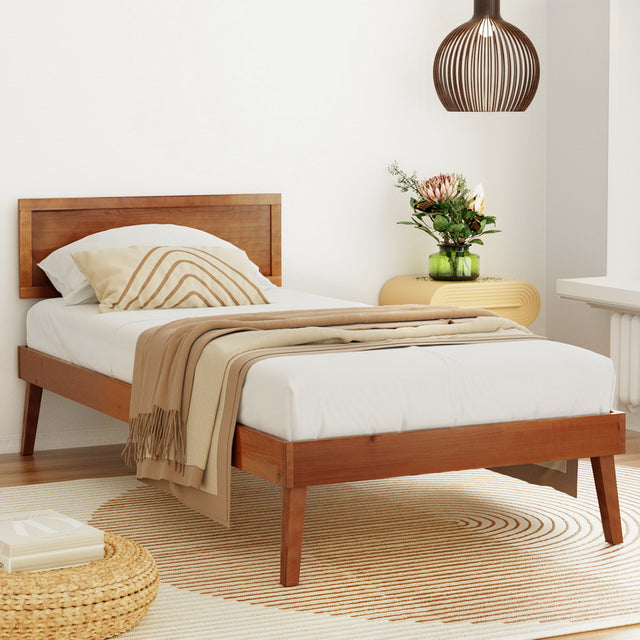 Artiss SPLAY single bed frame in walnut pinewood — full front view — Allure Home Collections