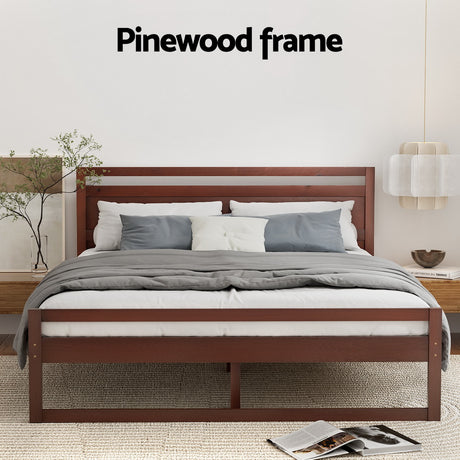 Artiss WITTON walnut double pine bed frame styled in bedroom — Allure Home Collections