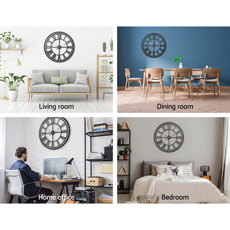 Large metal vintage wall clock 80cm black shown on wall