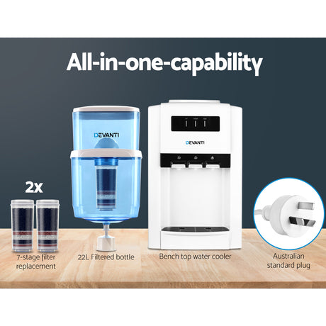 Six stage filter cartridge shown with the 22 L water container