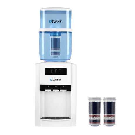 White bench top water cooler with 22 L filter container and three taps