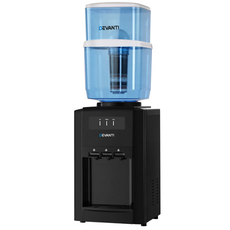 Black benchtop water dispenser with 22 litre container and three taps