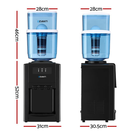 Three taps for hot, cold and room temperature water on the dispenser
