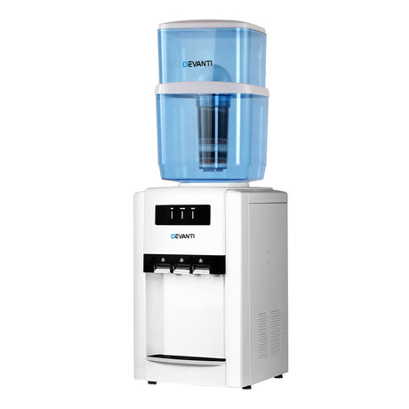 White bench top water cooler dispenser with 22 L filter container on top