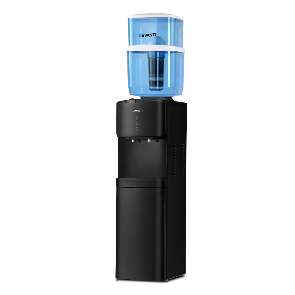 Black floor standing water cooler dispenser with 22 litre filter container on top
