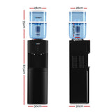 Front view of black water cooler with hot and cold taps and storage cabinet