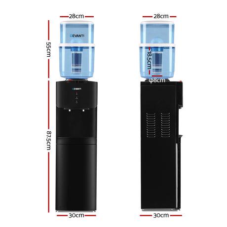 Front view of black water cooler with hot and cold taps and storage cabinet