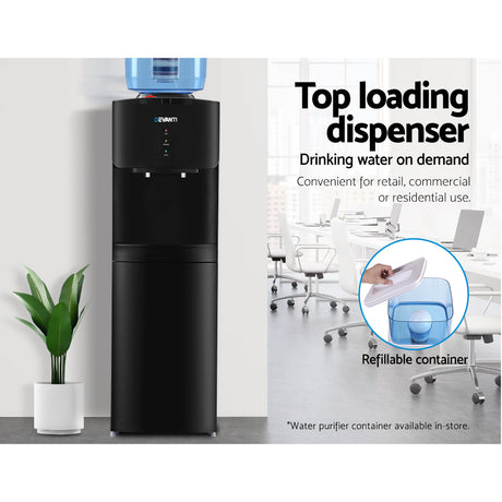 Close up of hot and cold spouts and child lock on black water cooler dispenser