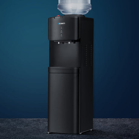 Black floor standing water cooler dispenser with hot and cold taps and storage cabinet