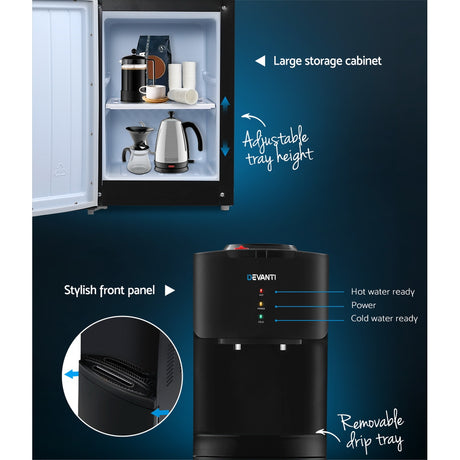 Storage cabinet in the base of the black floor standing water cooler