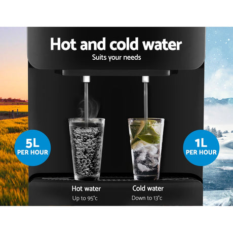 Adjustable drip tray height on black water cooler shown with a tall bottle