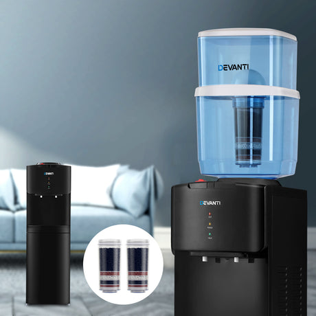 Side view of black water cooler dispenser measuring 30 x 30 x 87.5 cm