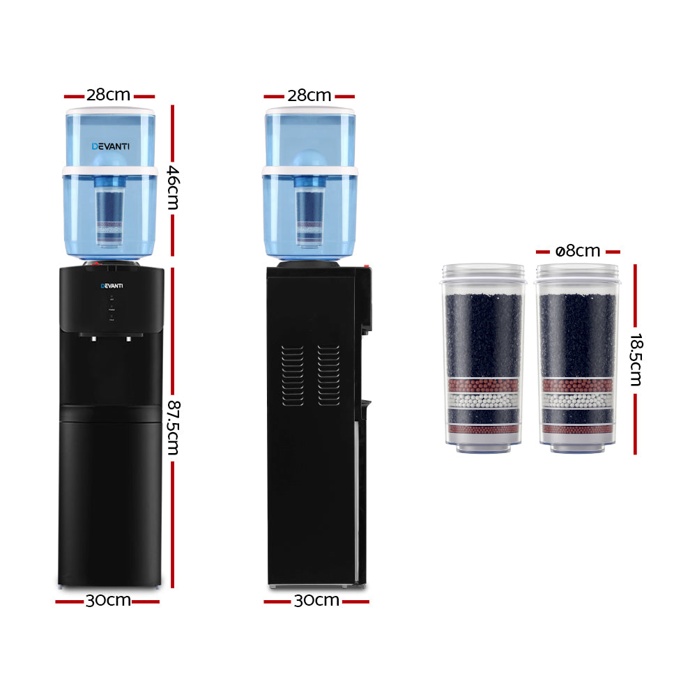 Front view of black water cooler with hot and cold taps and base storage cabinet