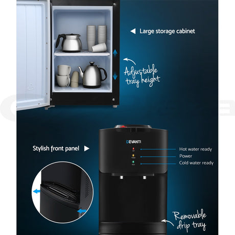 Storage cabinet in the base of the black floor standing water cooler