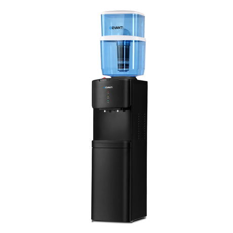 Black floor standing water cooler dispenser with 22 litre filter container and two spare filters