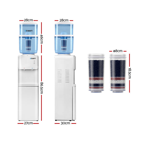 Front view of white water cooler with hot and cold taps and base storage cabinet