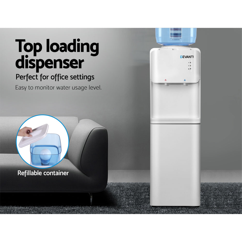 Close up of hot and cold spouts and child lock on white water cooler dispenser
