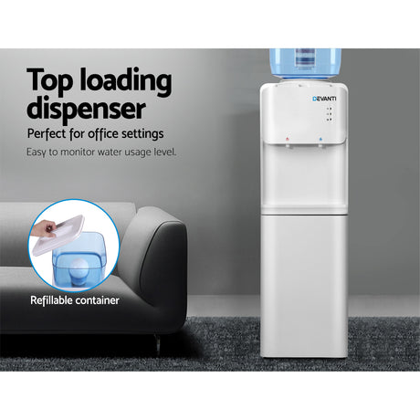 Close up of hot and cold spouts and child lock on white water cooler dispenser