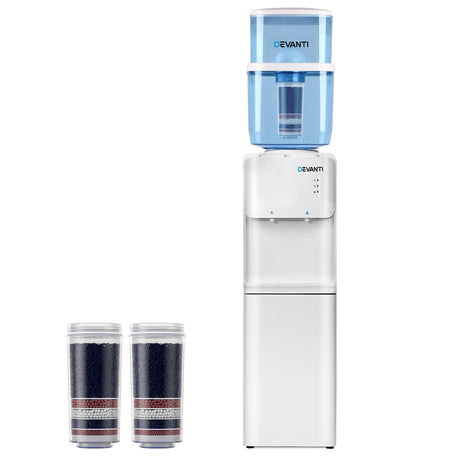 White floor standing water cooler dispenser with 22 litre filter container and two spare filters