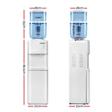 Front view of white water cooler with hot and cold taps and base storage cabinet