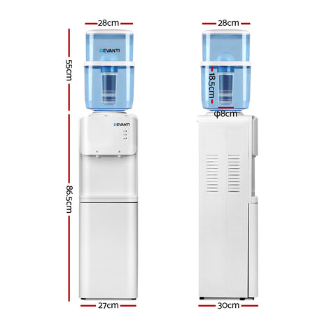 Front view of white water cooler with hot and cold taps and base storage cabinet
