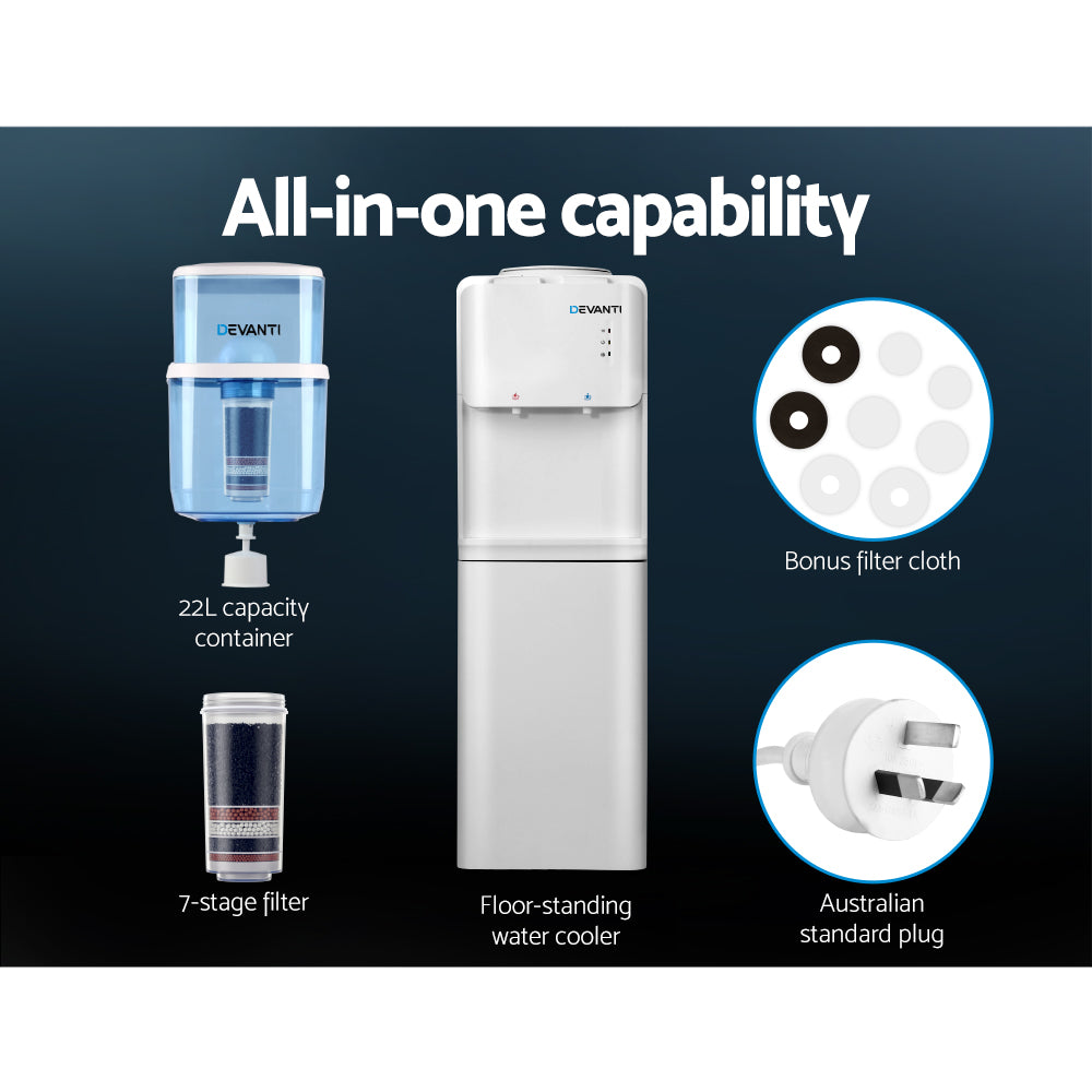 Close up of hot and cold spouts and child lock on white water cooler dispenser