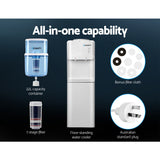 Close up of hot and cold spouts and child lock on white water cooler dispenser