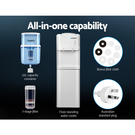Close up of hot and cold spouts and child lock on white water cooler dispenser