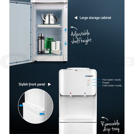Side view of white water cooler dispenser measuring 27 x 30 x 86.5 cm