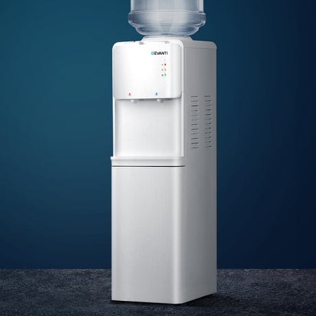 White floor standing water cooler dispenser with hot and cold taps and storage cabinet