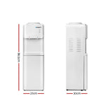 Front view of white top loading water cooler with LED indicators and push button taps