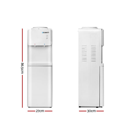 Front view of white top loading water cooler with LED indicators and push button taps