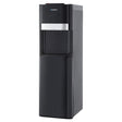 Black bottom loading water cooler dispenser with three taps, front view