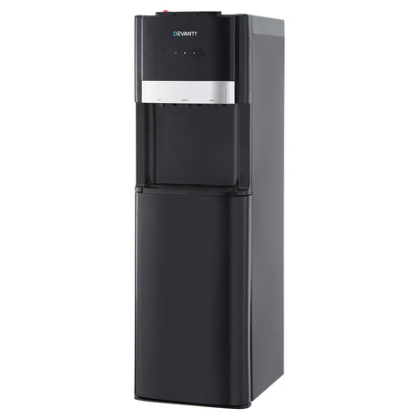 Black bottom loading water cooler dispenser with three taps, front view