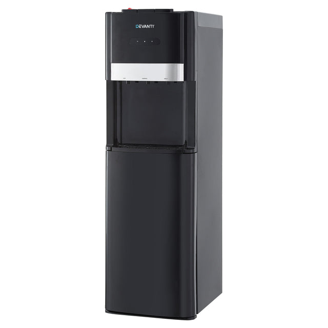 Black bottom loading water cooler dispenser with three taps, front view
