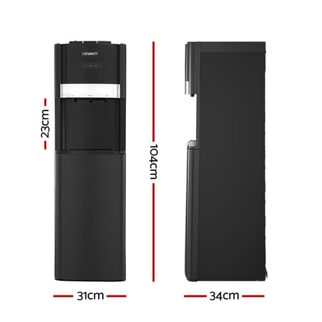 Three tap water cooler dispenser shown at an angle in black