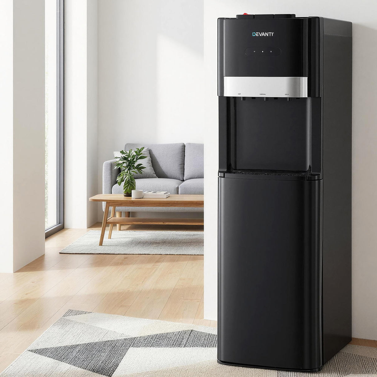 Rear view of the black bottom loading water cooler cabinet