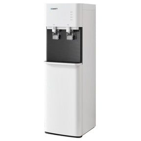White bottom loading water cooler dispenser with two taps, front view