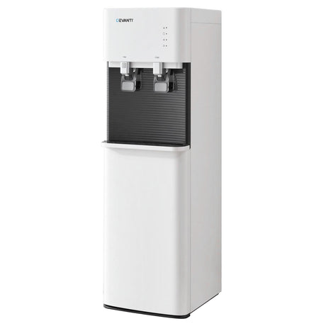White bottom loading water cooler dispenser with two taps, front view