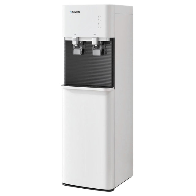 White bottom loading water cooler dispenser with two taps, front view