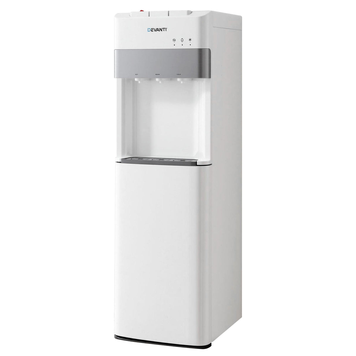 White bottom loading water cooler dispenser with three taps, front view